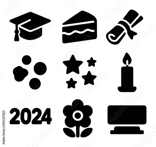 Graduation Cake Icons. Solid, filled icons set of graduation cake decor: graduation cap topper, cake slice,