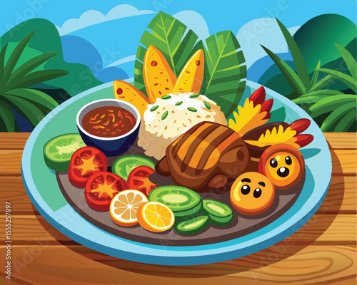 Caribbean dish featuring grilled jerk chicken vector art design 