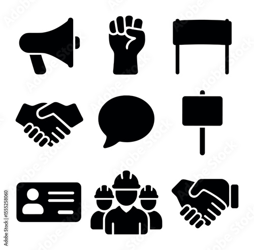 Labor Union Icons. Solid, filled icons set of labor unions: megaphone, raised fist, banner, handshake, speech