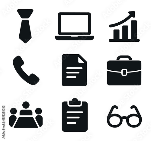 White-Collar Job Icons. Solid, filled icons set of white-collar jobs: necktie, laptop, chart, phone, document,