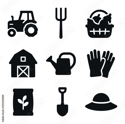 Agriculture Icons Set. Solid, filled icons set of agriculture labor: tractor, pitchfork, basket of produce,