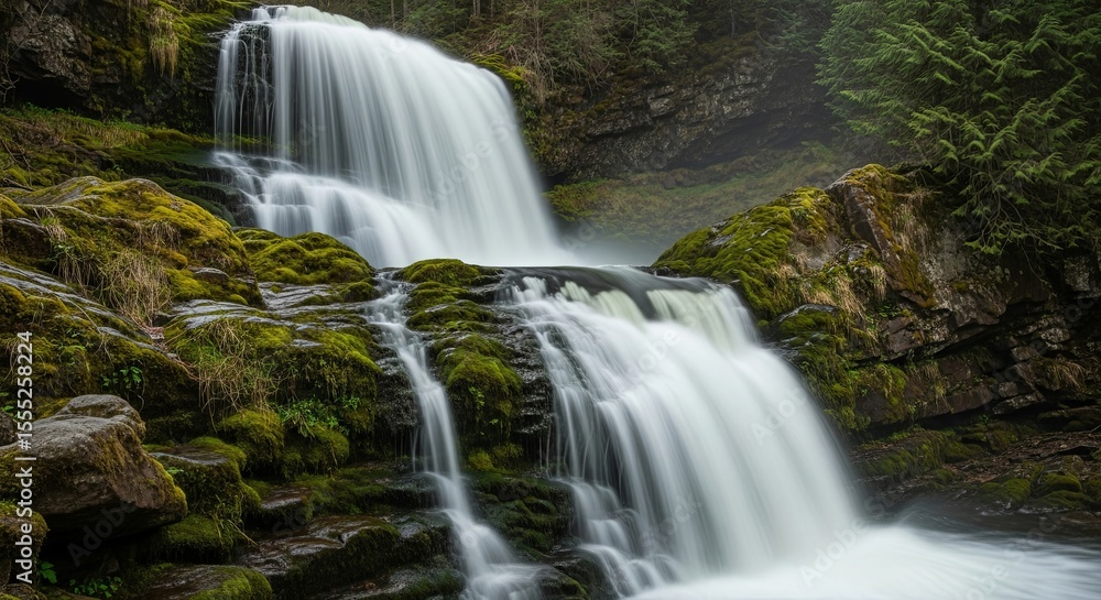 Obraz premium Serene Waterfall Cascading Down Mossy Rocks in Lush Forest