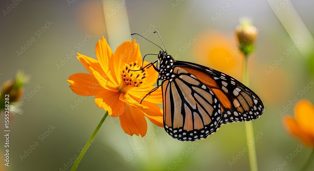 Obraz premium Monarch Butterfly on Orange Cosmos Flower A Stunning Close-Up Nature Photograph
