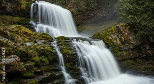 Serene Waterfall Cascading Down Mossy Rocks in Lush Forest