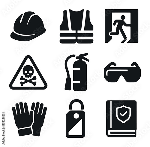 Workplace Safety Icons. Solid, filled icons set of workplace safety: helmet, safety vest, emergency exit,
