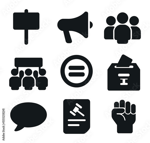 Protest Icon Set. Solid, filled icons set of protest and advocacy: picket sign, loudspeaker, crowd, protest