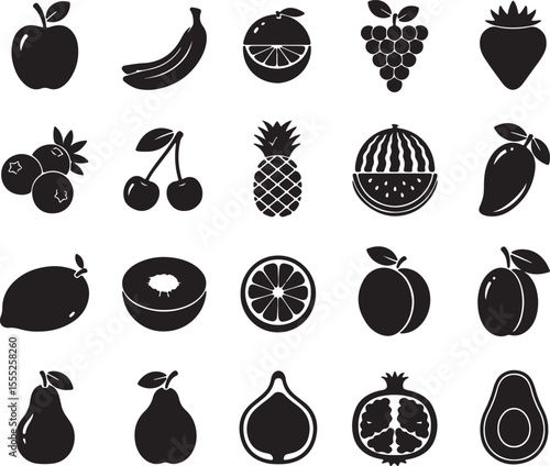 Collection of black fruit icons including apple banana orange grapes strawberry blueberries cherries pineapple watermelon mango