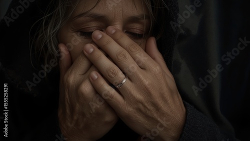 Wallpaper Mural Woman with wedding ring covering face, emotional expression, dark background, intimate close-up, low light, moody atmosphere, candid moment, subtle lighting, natural skin tone, introspective mood Torontodigital.ca