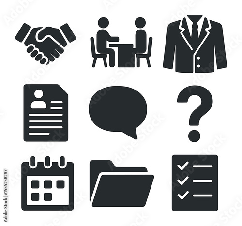 Job Interview Icons. Solid, filled icons set of job interview: handshake, desk, suit, resume, speech bubble,
