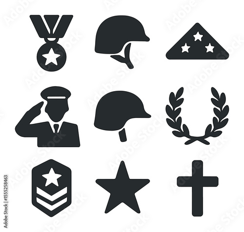 Veterans Day Icons. Solid, filled icons set of Veterans Day: medal, soldier hat, folded flag, salute, helmet,