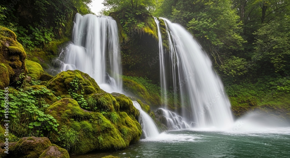 Obraz premium Majestic Waterfall Cascading Through Lush Greenery A Serene Nature Escape