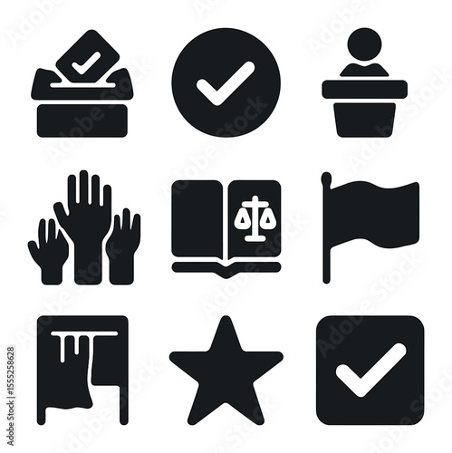 Democracy Day Icons. Solid, filled icons set of Democracy Day: ballot box, vote icon, podium, raised hands,
