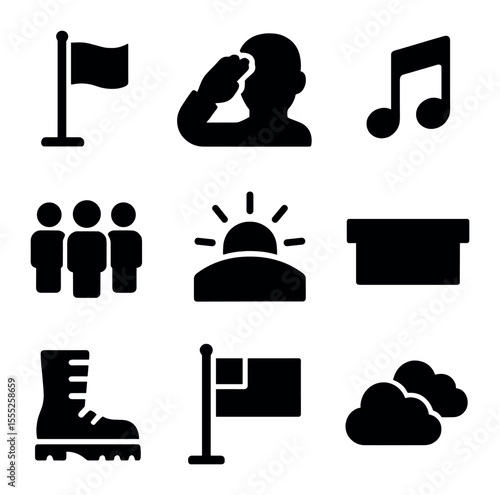 Flag Ceremony Icons. Solid, filled icons set of Flag raising ceremony: flagpole, hand salute, anthem note,