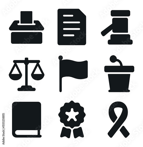 Civic Icons Grid. Solid, filled icons set of civic icons: vote box, document, law symbol, balance, flag icon,