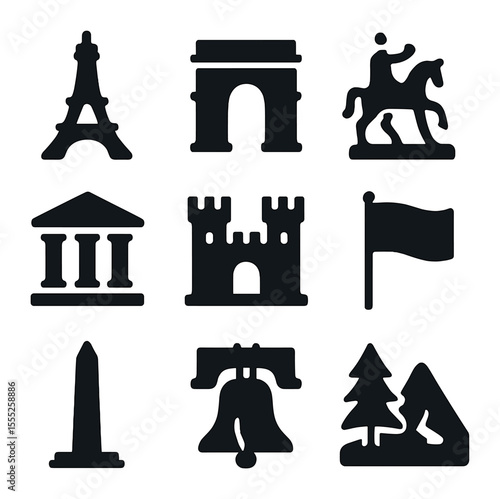 Iconic Landmark Icons. Solid, filled icons set of iconic landmarks: tower, gate, historic statue, museum,