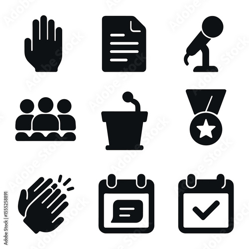 National Oath Icons. Solid, filled icons set of national oath ceremony: hand raise, document, microphone,