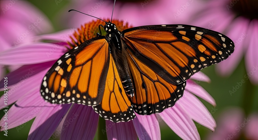 Fototapeta premium Majestic Monarch Butterfly on Vibrant Purple Coneflower A Stunning Close-Up Nature Photograph