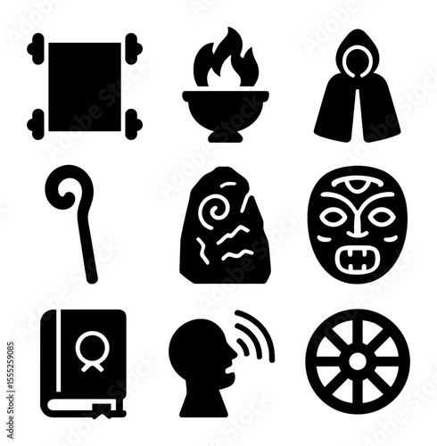 Ancient Traditions Icons. Solid, filled icons set of ancient traditions festival: scroll, flame bowl, cloak,