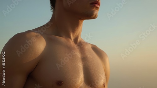 Muscular young man torso close-up with smooth skin in warm natural light, soft sunset sky background, healthy fitness lifestyle, outdoor portrait, toned chest and shoulders, calm mood, minimalistic s