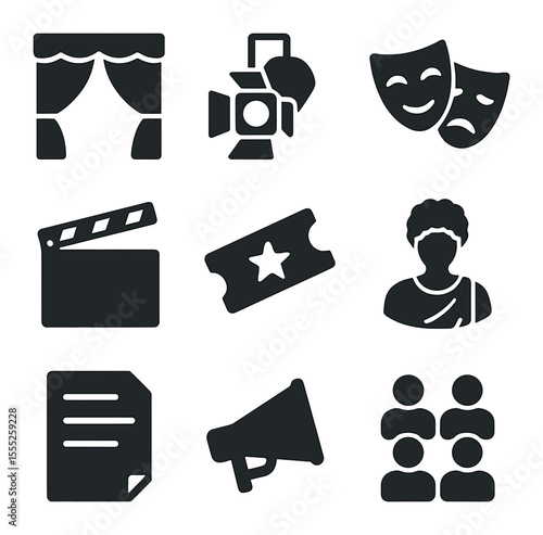 Theater Icon Set. Solid, filled icons set of theater and drama festivals: stage curtain, spotlight, drama mask