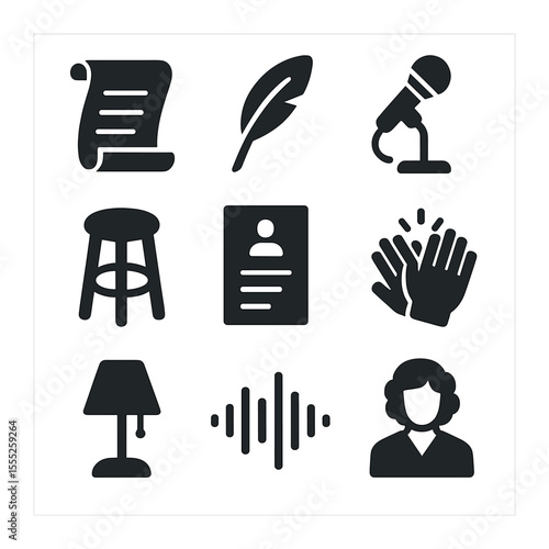 Poetry Festival Icons. Solid, filled icons set of national poetry festivals: scroll, feather pen, open mic,
