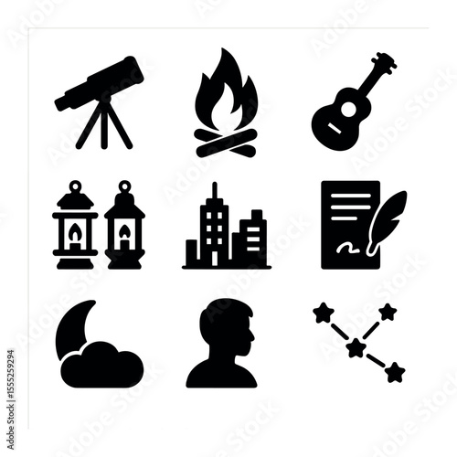 Starlight Cultural Icons. Solid, filled icons set of starlight cultural nights: telescope, bonfire, guitar,