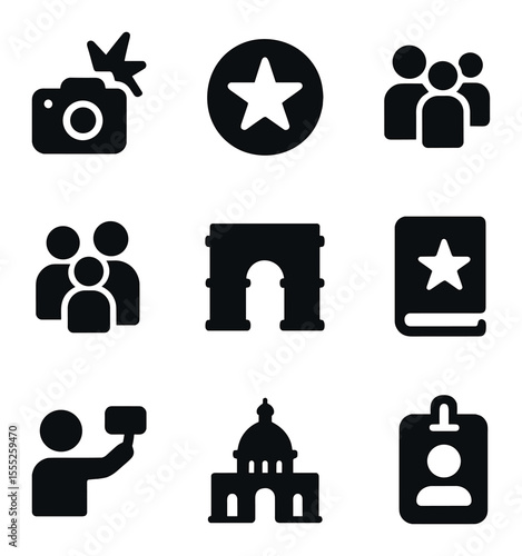 Tourist Hotspot Icons. Solid, filled icons set of tourist hotspots: camera flash, attraction star, queue icon,