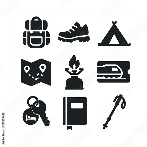 Backpacker Essentials Icons. Solid, filled icons set of backpacker travel: backpack, trail shoe, tent, map,