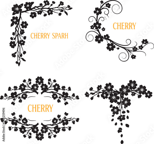 Four black cherry blossom floral corner designs with orange text border
