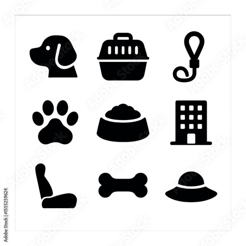 Pet Travel Icons. Solid, filled icons set of pet-friendly travel: dog icon, pet carrier, leash, paw print,