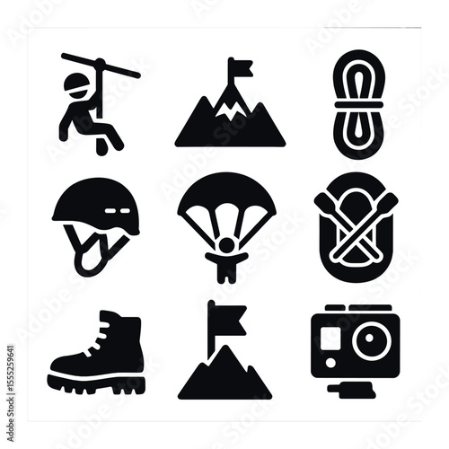 Adventure Icon Set. Solid, filled icons set of adventure travel: zipline, mountain peak, rope icon, helmet,