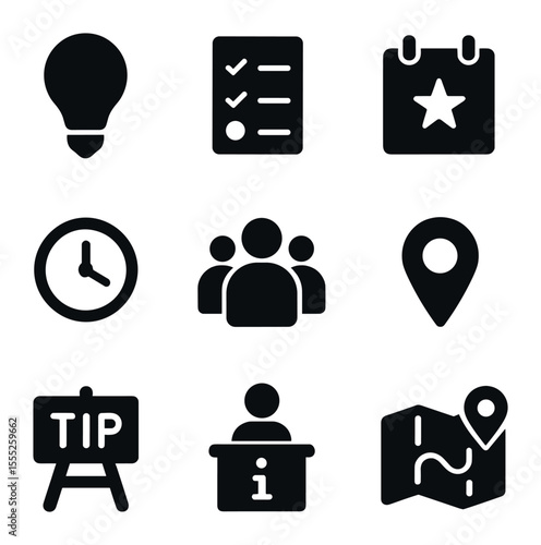 Travel Tips Icons. Solid, filled icons set of peak season travel tips: lightbulb, checklist, calendar star,