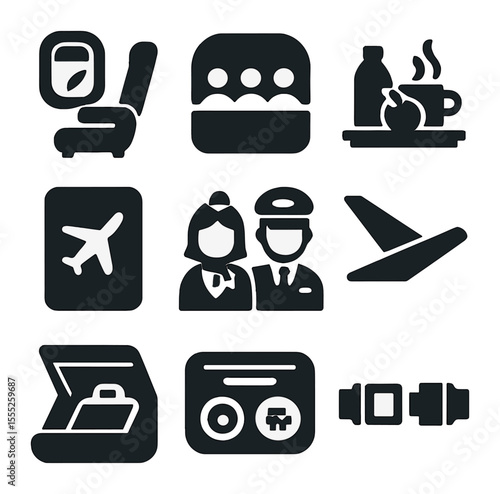 Airline Experience Icons. Solid, filled icons set of airline experience: window seat, cabin, snack tray,