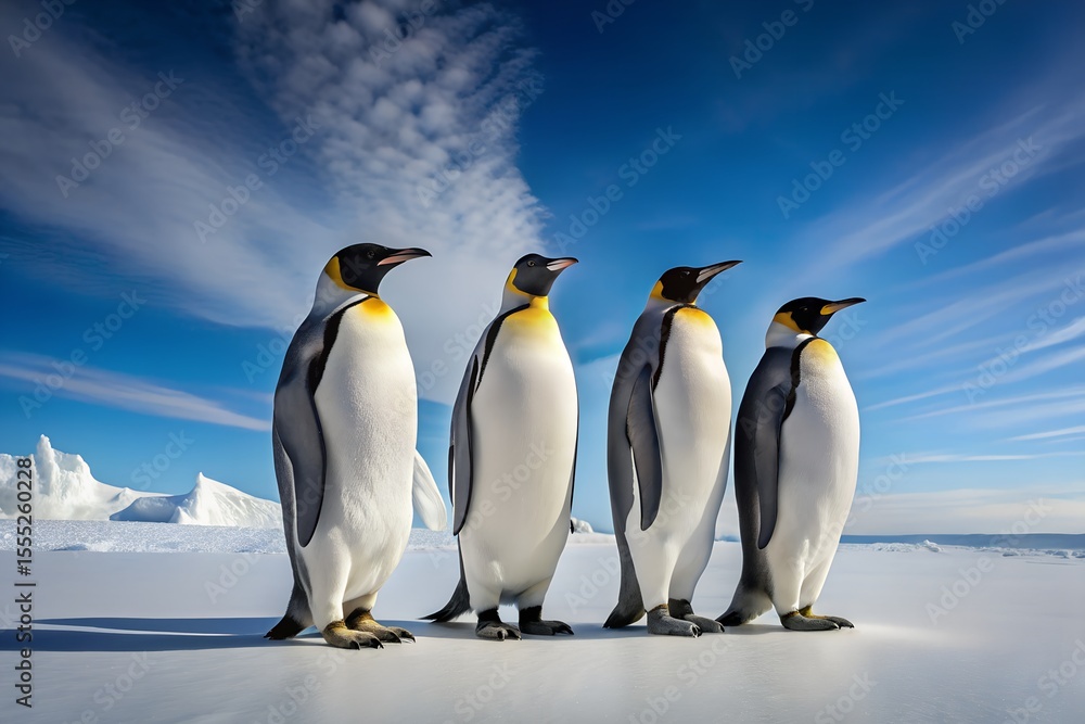 Fototapeta premium Craft a vivid and imaginative scene based on this image of five Emperor Penguins standing together on a vast, snowy expanse beneath a clear blue sky.