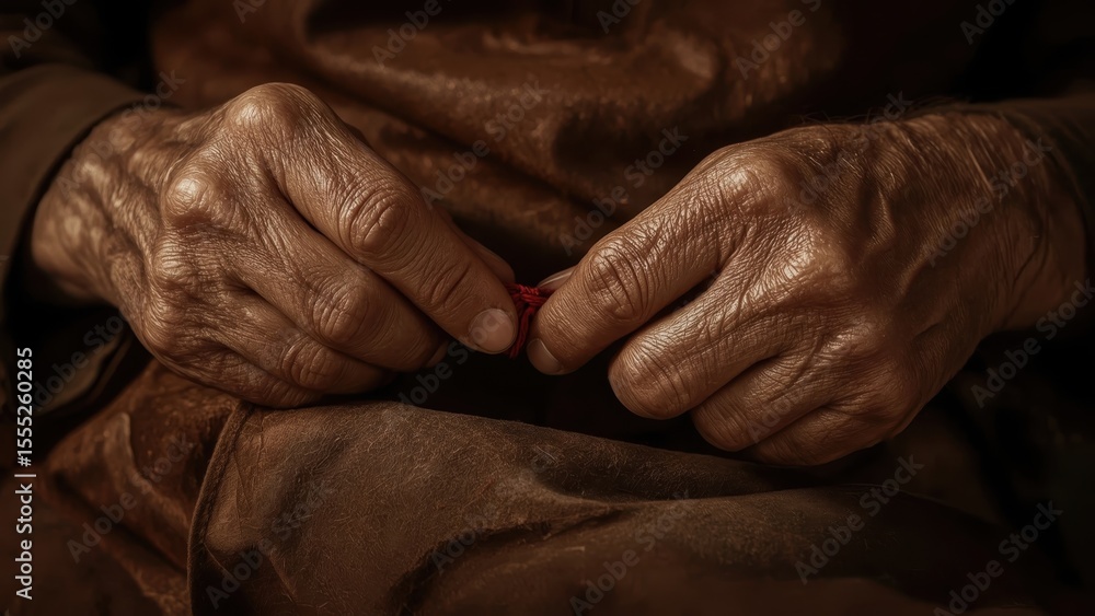 Fototapeta premium Wrinkled elderly hands clasped softly over brown fabric background