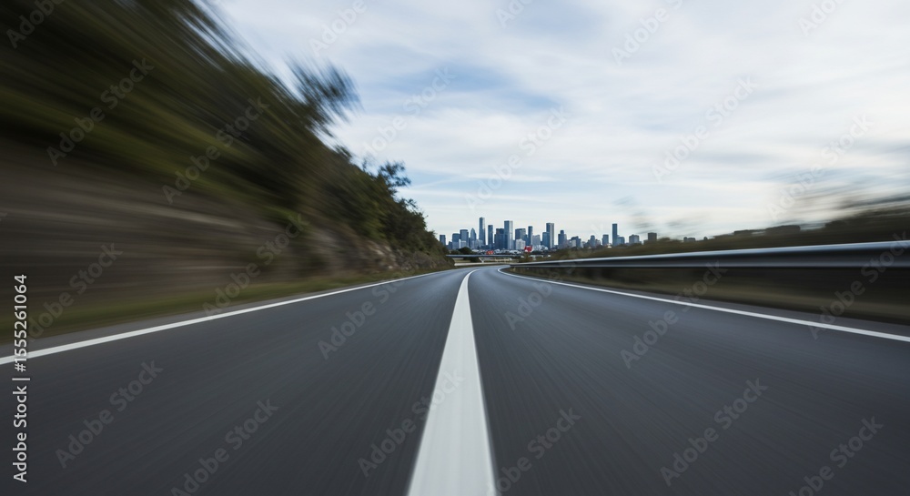 Fototapeta premium Blurred Highway Leading to Distant City Skyline Under Cloudy Sky