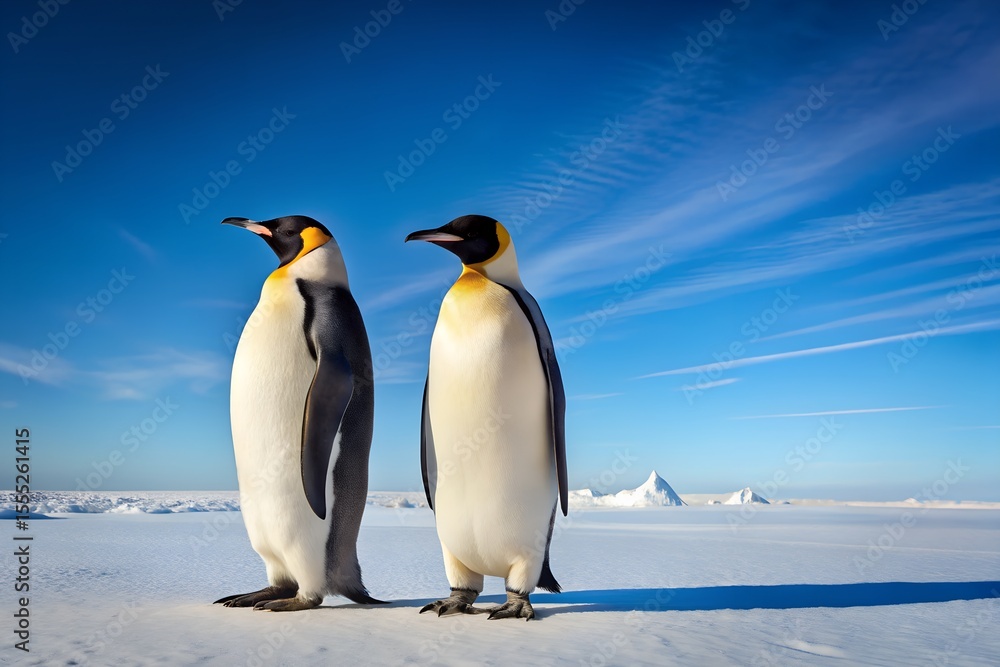Obraz premium Create a heartwarming and visually rich scene based on an image of an adult Emperor Penguin leading a group of five fluffy chicks across the icy Antarctic landscape. 