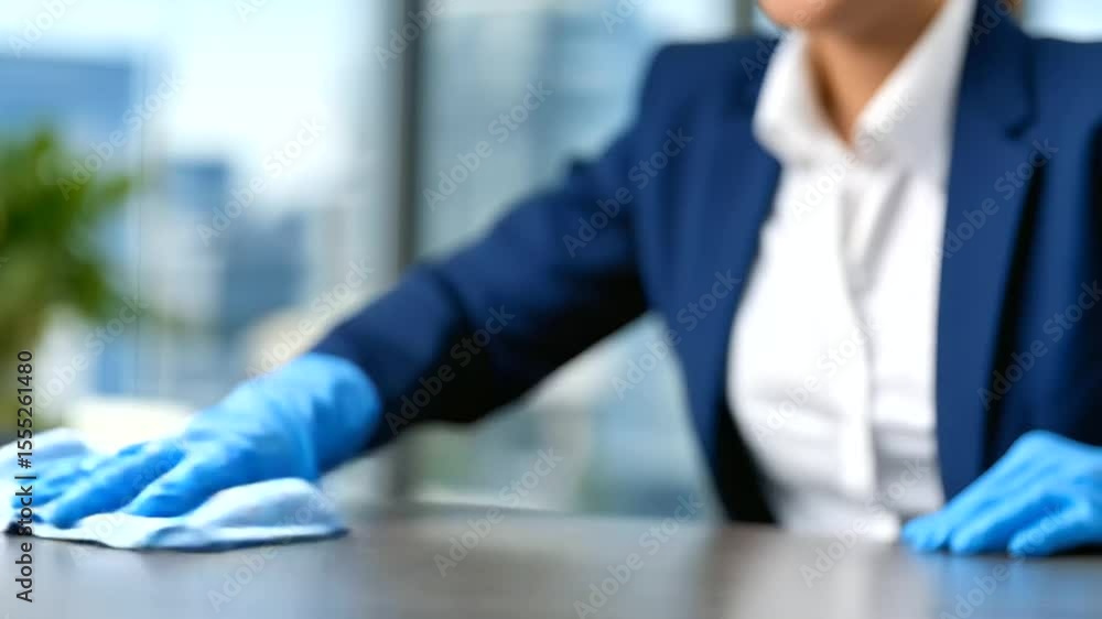 Blue-gloved hands wiping an office table’s surface with a microfiber cloth, removing dust and germs in a well-lit modern meeting room setting, focusing on healthcare and cleanlines Blue-gloved hands wiping an office table’s surface with a microfiber cloth, removing dust and germs in a well-lit modern meeting room setting, focusing on healthcare and cleanlines