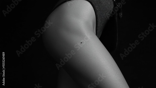 Monochrome close-up of smooth female thigh with beauty mark, elegant minimalistic artistic nude photography, black background, soft lighting, sensual mood, skin texture detail