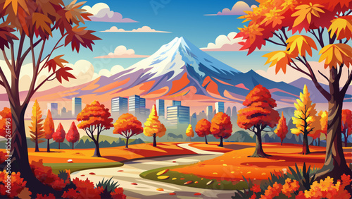close up A tree-lined city park bursts with autumn color — red, orange, and yellow leaves blanket the ground.. Mount Hood appears snow-tipped in the distance under a crisp sky. The whole scene feels 