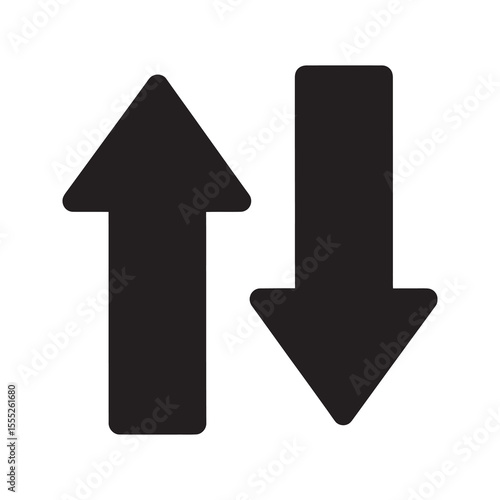 Data transfer icon with up and down arrows for upload and download process synchronization and exchange of information between two points vector solid glyph icon
