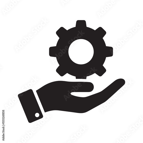 Service management icon with hand holding a gear for technical support and solution development a symbol for operational process and assistance vector solid glyph icon