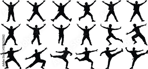 Dynamic silhouettes showcase diverse human poses and actions in expressive movement on a crisp white backdrop.