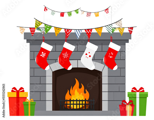 Fireplace with stockings and garlands, transparent background