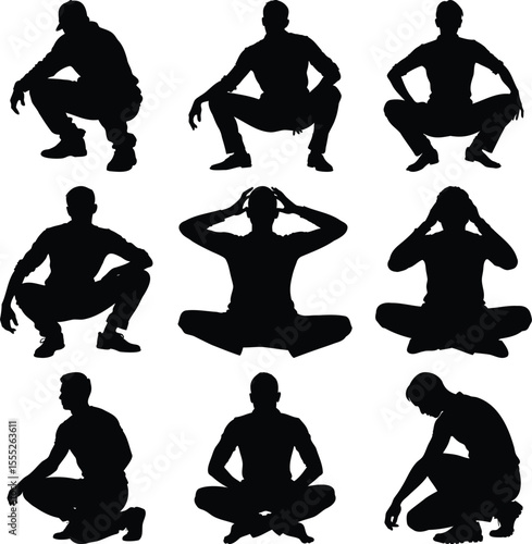 Silhouettes of diverse men in various seated positions showcases figures and body language for lifestyle or business themes.