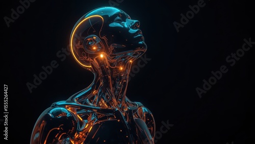 Futuristic human cyborg with glowing circuits and transparent skin looking upward in dark background showcasing advanced technology and artificial intelligence concept