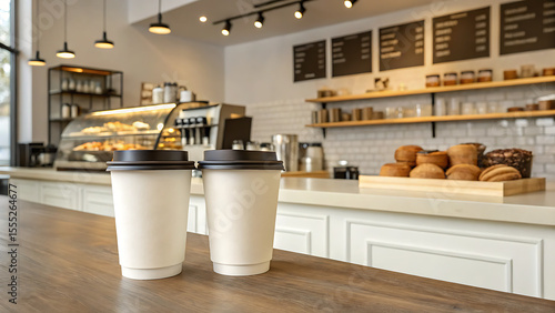 Wooden & Coffee Shop background with takeaway cups perfect for a copy space image.