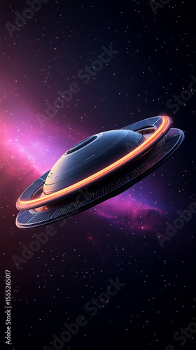 Futuristic spacecraft with glowing rings is hovering in a vibrant cosmic scene filled with colorful nebulae and stars, showcasing advanced technology and interstellar travel