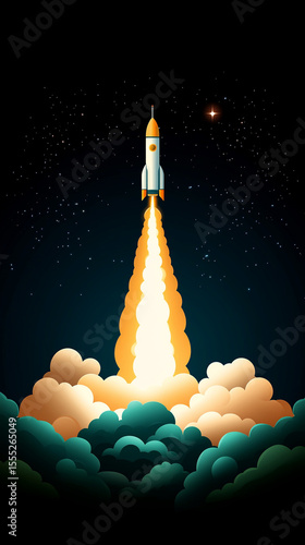 Rocket launching into space with bright flames and clouds, surrounded by a starry night sky, symbolizing exploration, adventure, and technological advancement in a vibrant illustration