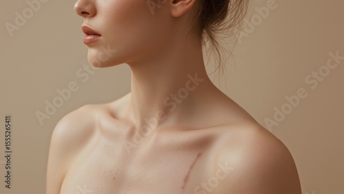 Woman with prominent scar on shoulder, neutral background, soft lighti